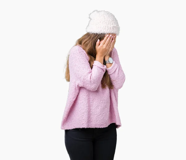 Young Beautiful Brunette Woman Wearing Sweater Winter Hat Isolated Background — Stock Photo, Image