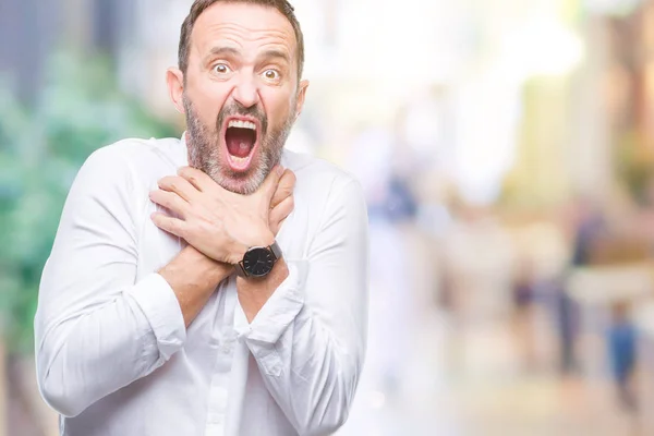 Middle Age Hoary Senior Man Isolated Background Shouting Suffocate Because — Stock Photo, Image