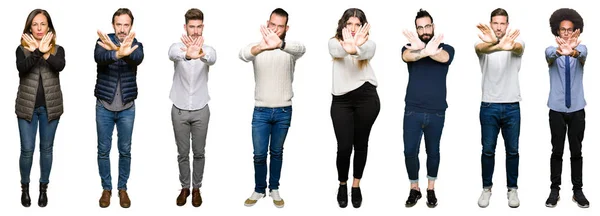 Collage Personer Över Vit Isolerade Bakgrund Avvisande Uttryck Korsning Vapen — Stockfoto