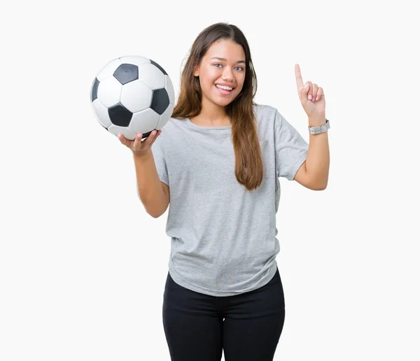 Young Beautiful Brunette Woman Holding Soccer Football Ball Isolated Background — Stock Photo, Image