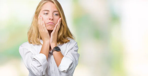 Beautiful Young Business Woman Isolated Background Tired Hands Covering Face — Stock Photo, Image