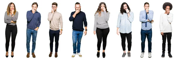 Collage Van Mensen Witte Geïsoleerde Achtergrond Zoek Gestresst Nerveus Met — Stockfoto