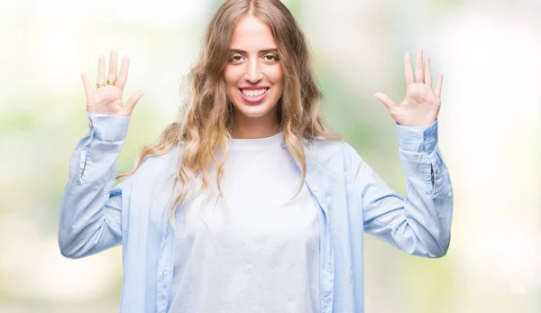 Krásná Mladá Blond Žena Izolované Pozadí Zobrazení Směřující Nahoru Prsty — Stock fotografie