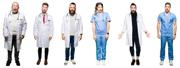 Collage Group Doctors Surgeons People White Isolated Background Shock Face — Stock Photo, Image