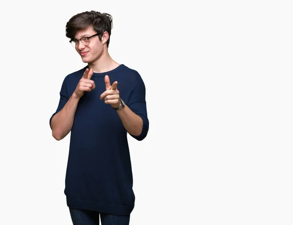 Joven Hombre Guapo Con Gafas Sobre Fondo Aislado Señalando Los — Foto de Stock