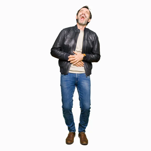 Middle Age Handsome Man Wearing Black Leather Jacket Smiling Laughing — Stock Photo, Image
