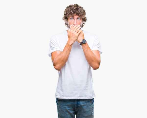 Handsome Hispanic Model Man Isolated Background Shocked Covering Mouth Hands — Stock Photo, Image