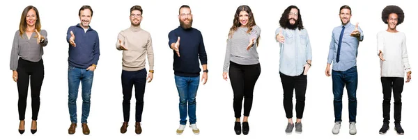 Collage Personas Sobre Fondo Blanco Aislado Sonriendo Amistoso Ofreciendo Apretón — Foto de Stock