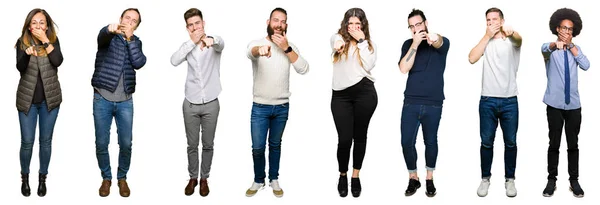 Collage People White Isolated Background Laughing You Pointing Camera Finger — Stock Photo, Image