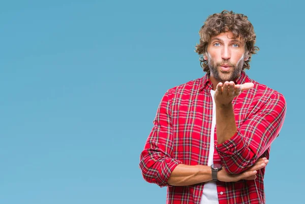 Handsome Hispanic Model Man Isolated Background Looking Camera Blowing Kiss — Stock Photo, Image