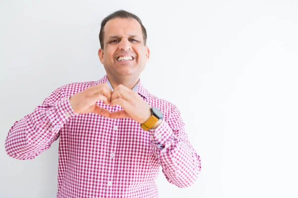 Hombre Mediana Edad Vistiendo Camisa Negocios Sobre Pared Blanca Sonriendo — Foto de Stock