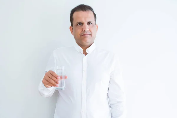 Middle Age Man Drinking Glass Water White Background Confident Expression — Stock Photo, Image