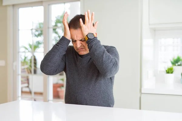 Middle Age Man Sitting Home Suffering Headache Desperate Stressed Because — Stock Photo, Image