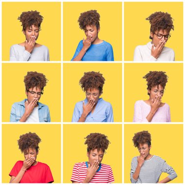 Kolaj genç güzel Afrikalı kızın üzerinde sarı izole arka plan ağız el ile kapsayan yorgun esneme sıkılmış. Restless ve uyku hali.