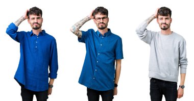 İzole arka plan üzerinde genç adam kolaj yanıltır ve soru hakkında merak ediyorum. Şüphe, kafasına el ile düşünme ile belirsiz. Dalgın kavramı.