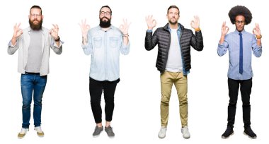 Kolaj bir grup genç adam beyaz üzerinde soğuk veya bronşit için arka plan duygu hasta ve semptom olarak öksürük izole. Sağlık kavramı.