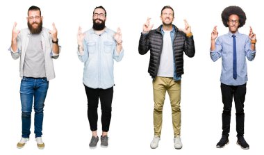 Kolaj bir grup genç adam beyaz üzerinde soğuk veya bronşit için arka plan duygu hasta ve semptom olarak öksürük izole. Sağlık kavramı.