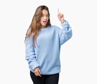 Başarılı fikirle izole arka plan işaret parmağı üzerinde mavi kış kazak giyen genç güzel esmer kadın. Çıktıktan ve mutlu. Bir numara.