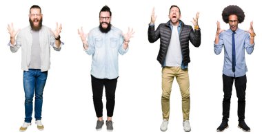 Kolaj bir grup genç adam kızgın ve silah ile başarı için deli kutluyor beyaz izole arka plan üzerinde kaldırdı ve heyecanlı çığlık gözler kapalı. Kazanan kavramı