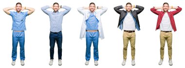 Kolaj çekici genç adam beyaz bir arka plan izole rahatlatıcı ve kollar ve eller baş ve boyun, mutlu gülümseyerek arkasında ile germe