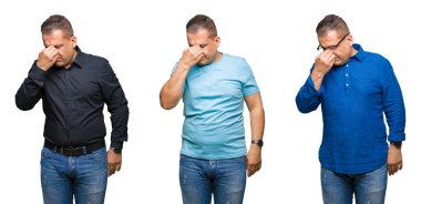 Arap orta yaş adam izole arka plan yorgun sürtünme burun ve göz yorgunluğu ve baş ağrısı duygu bileşimi. Stres ve hayal kırıklığı kavramı.