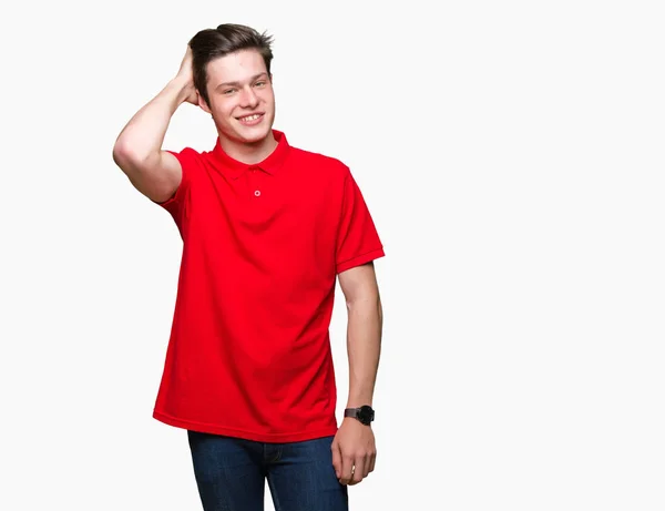 Giovane Bell Uomo Che Indossa Shirt Rossa Sfondo Isolato Sorridente — Foto Stock