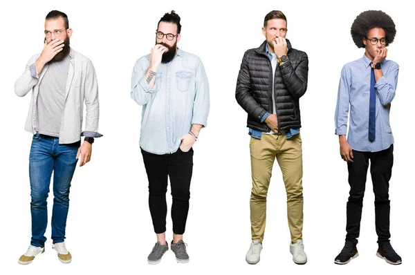 Collage Grupo Hombres Jóvenes Sobre Fondo Blanco Aislado Sintiéndose Mal — Foto de Stock