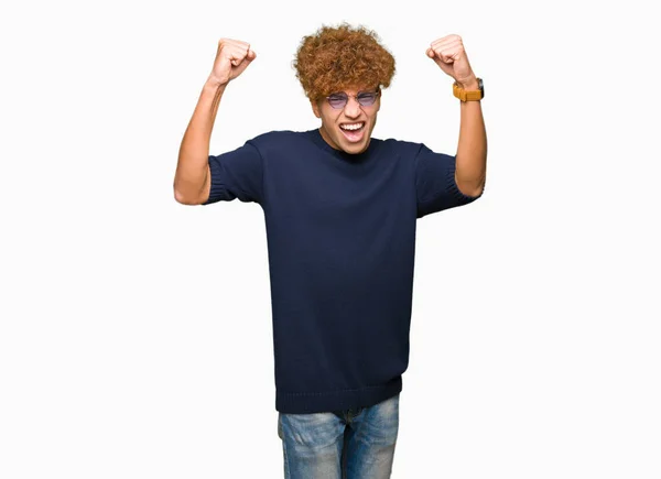 Young Handsome Man Afro Wearing Glasses Very Happy Excited Doing — Stock Photo, Image