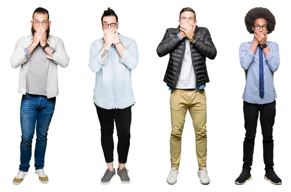 Collage Grupo Jóvenes Sobre Fondo Blanco Aislado Sorprendió Cubriendo Boca — Foto de Stock