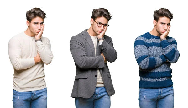 Collage Eines Jungen Gutaussehenden Geschäftsmannes Mit Isoliertem Hintergrund Der Müde — Stockfoto