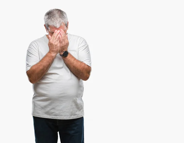 Bell Uomo Anziano Sfondo Isolato Con Espressione Triste Che Copre — Foto Stock