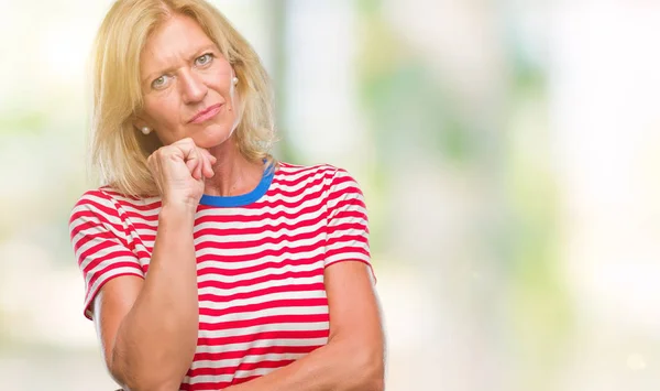 Middle Age Blonde Woman Isolated Background Hand Chin Thinking Question — Stock Photo, Image