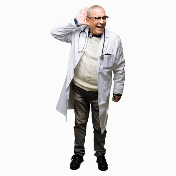 Handsome Senior Doctor Man Wearing Medical Coat Smiling Hand Ear — Stock Photo, Image