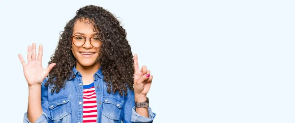 Young Beautiful Woman Curly Hair Wearing Glasses Showing Pointing Fingers — Stock Photo, Image