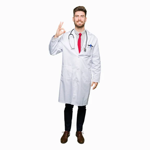 Young Handsome Doctor Man Wearing Medical Coat Smiling Positive Doing — Stock Photo, Image