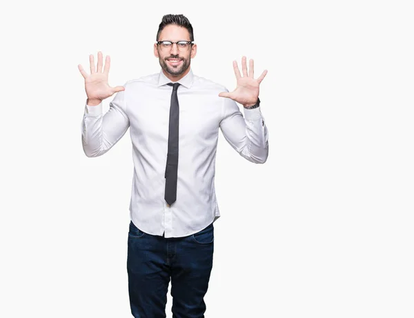 Joven Hombre Negocios Guapo Con Gafas Sobre Fondo Aislado Mostrando — Foto de Stock