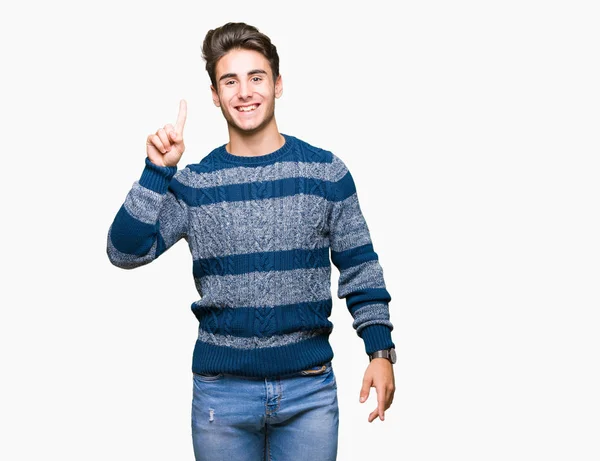 Young Handsome Man Isolated Background Showing Pointing Finger Number One — Stock Photo, Image