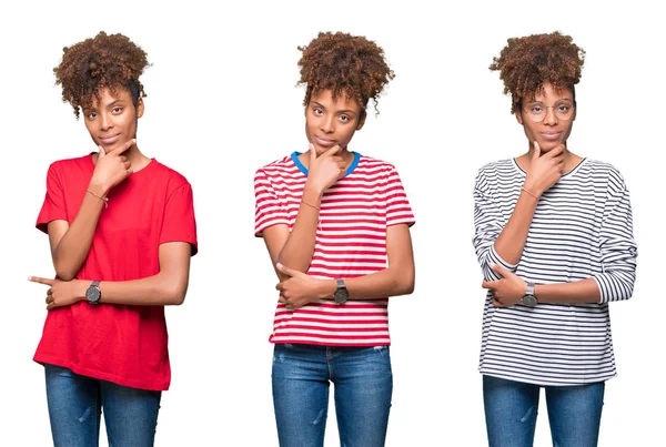 Genç güzel Afrikalı kız emin çapraz kollar ve çeneme kaldırdı el ile gülümseme ile kameraya bakarak izole arka plan üzerinde kolaj. Pozitif düşünce.