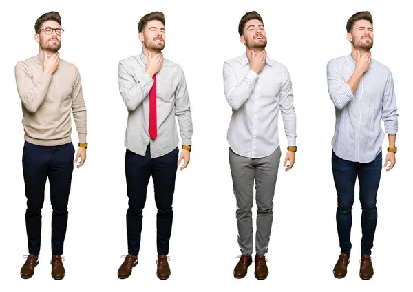 Yakışıklı genç iş adamı beyaz üzerine kolaj izole arka plan dokunmadan ağrılı boyun, boğaz gribi, Kesek ve enfeksiyon için