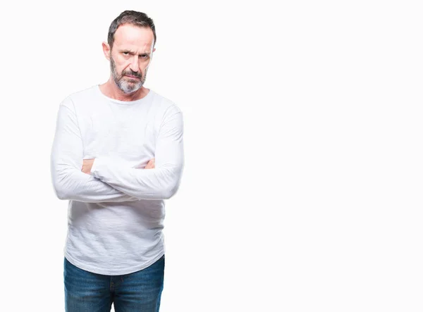 Hombre Mediana Edad Con Camiseta Blanca Sobre Fondo Aislado Escéptico —  Fotos de Stock