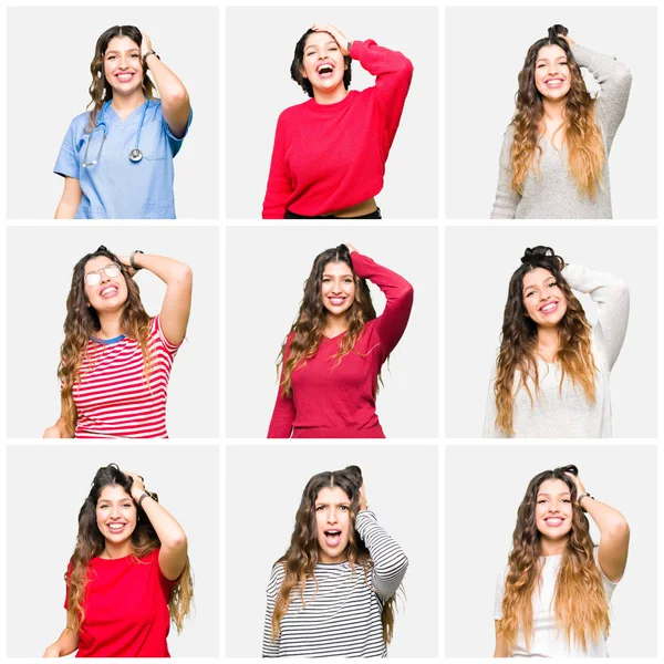 Collage Hermosa Mujer Joven Con Diferentes Miradas Sobre Fondo Blanco —  Fotos de Stock