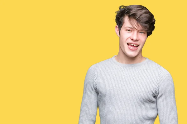 Jovem Homem Bonito Vestindo Camisola Inverno Sobre Fundo Isolado Piscando — Fotografia de Stock