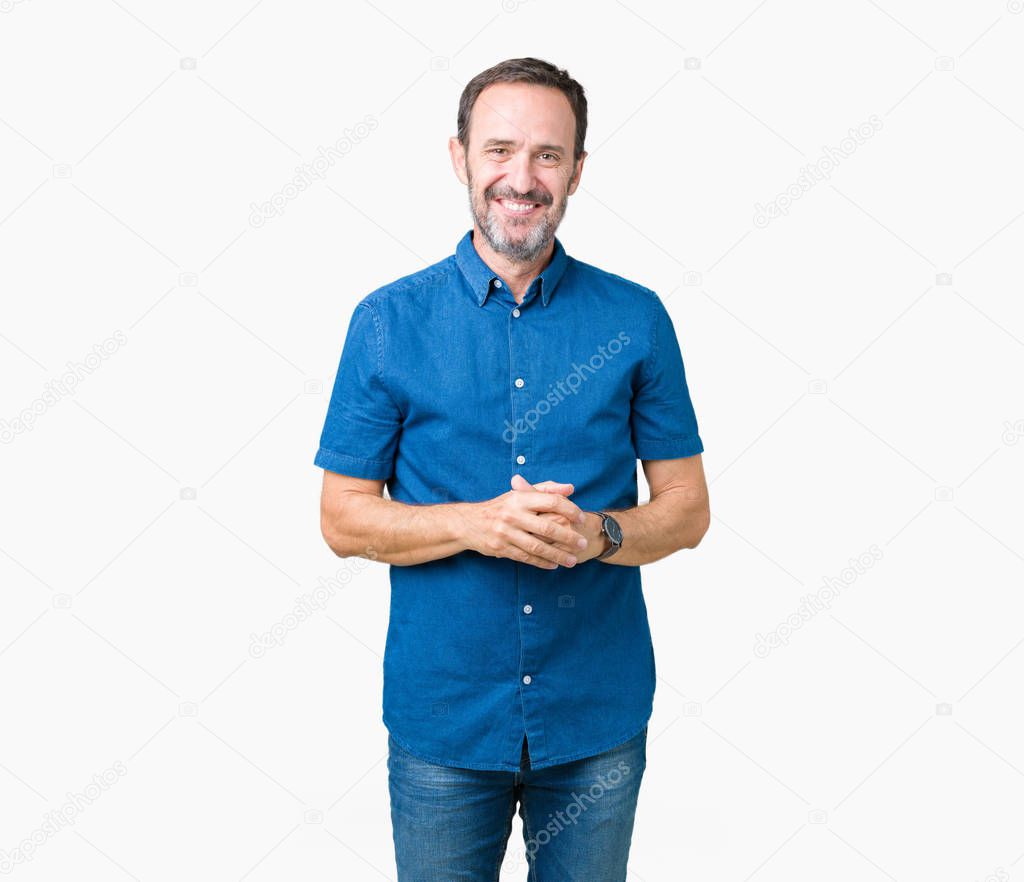 Handsome middle age elegant senior man over isolated background Hands together and fingers crossed smiling relaxed and cheerful. Success and optimistic