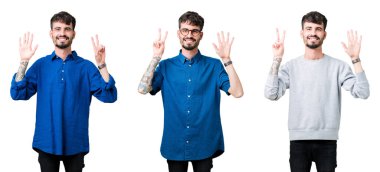 Kolaj gösterilen ve parmakları ile işaret izole arka plan üzerinde genç adamın kendinden emin ve mutlu gülümseyerek süre yedi numara.