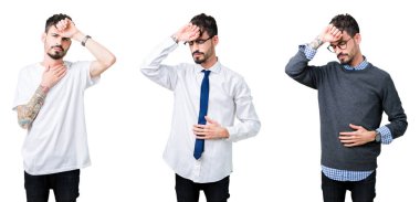 Kolaj izole arka plan dokunmadan üzerinde genç adam bir hastalık ve ateş, grip ve soğuk, virüs hasta için alın