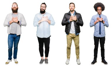 Kolaj bir grup genç adam beyaz üzerinde soğuk veya bronşit için arka plan duygu hasta ve semptom olarak öksürük izole. Sağlık kavramı.