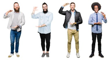 Kolaj bir grup genç adam beyaz üzerinde soğuk veya bronşit için arka plan duygu hasta ve semptom olarak öksürük izole. Sağlık kavramı.