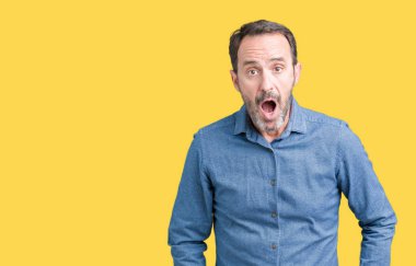 Yakışıklı orta yaş zarif komuta sizde korkmuş ve şok sürpriz ifade ile izole arka plan üzerinde korku ve yüz heyecanlı.