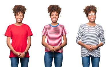 Kolaj genç güzel Afrikalı kızın izole arka plan el ele tutusun ve parmaklar üzerinde rahat ve neşeli gülümseyen geçti. Başarı ve iyimser