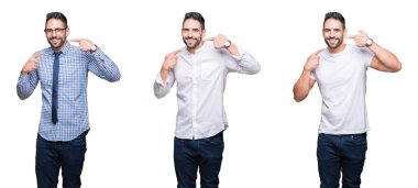 Yakışıklı iş adamı gösterilen ve işaret parmakları diş ve ağız ile kendinden emin gülümseyen beyaz izole arka plan üzerinde kolaj. Sağlık kavramı.